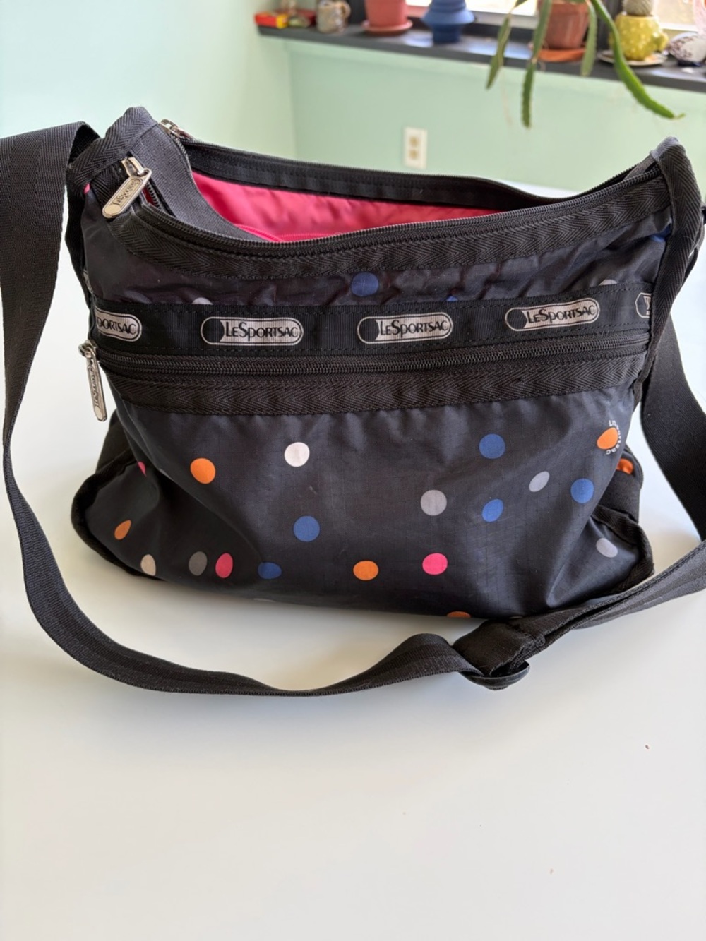 LeSportsac Black Crossbody Bag with Multicolor Polka Dots